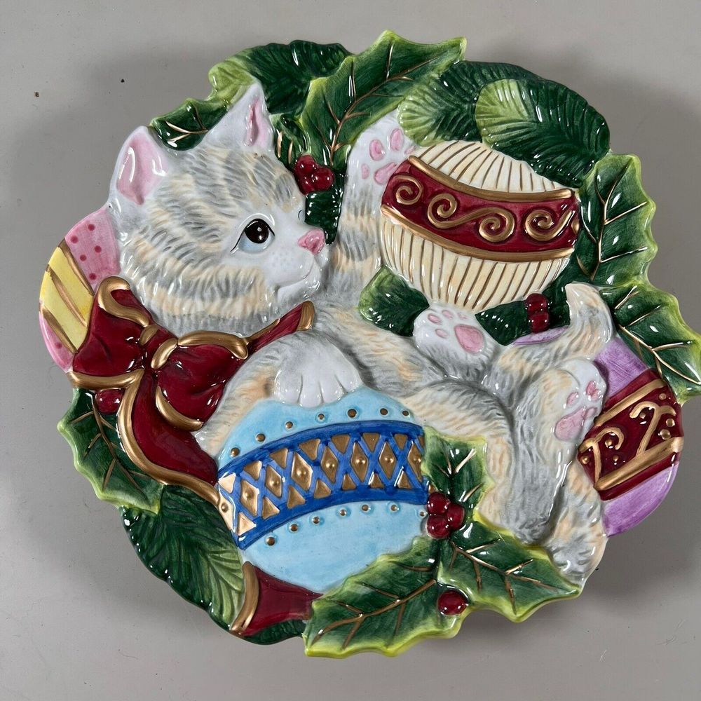 Vintage Fitz‎ & Floyd Kristmas Kitty Christmas Cat Holiday Wall Decor Plate 9"